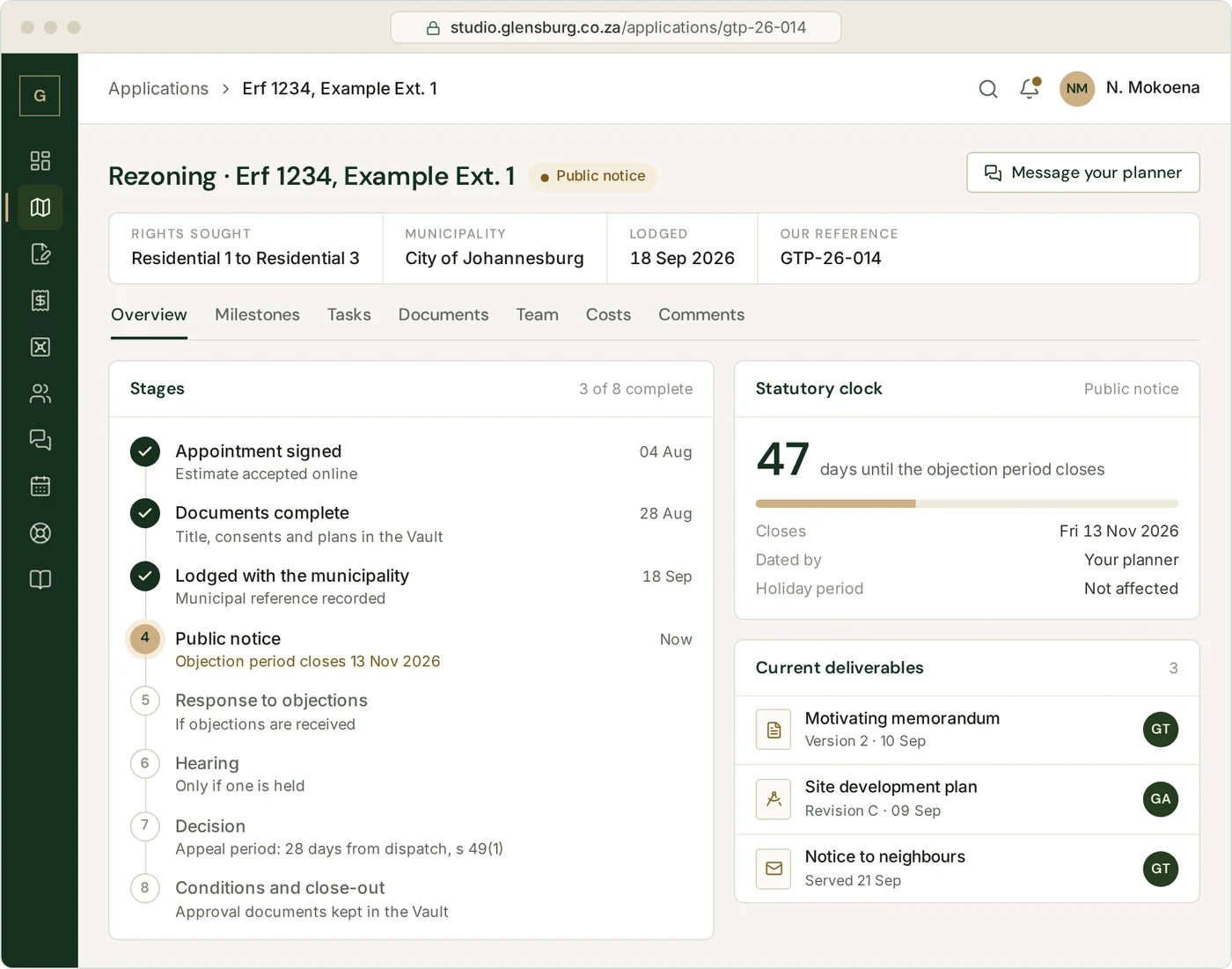 Application screen in Glensburg Studio for a rezoning, with eight stages from appointment to close-out, a statutory clock counting down the objection period and the current deliverables