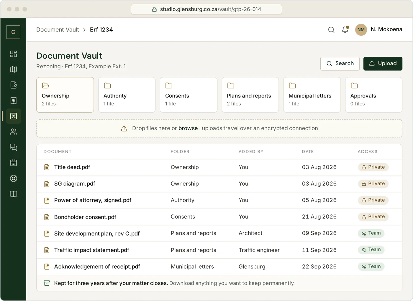 Document Vault in Glensburg Studio with folders for ownership, authority, consents, plans and municipal letters, a secure upload area and files marked private or shared with the team