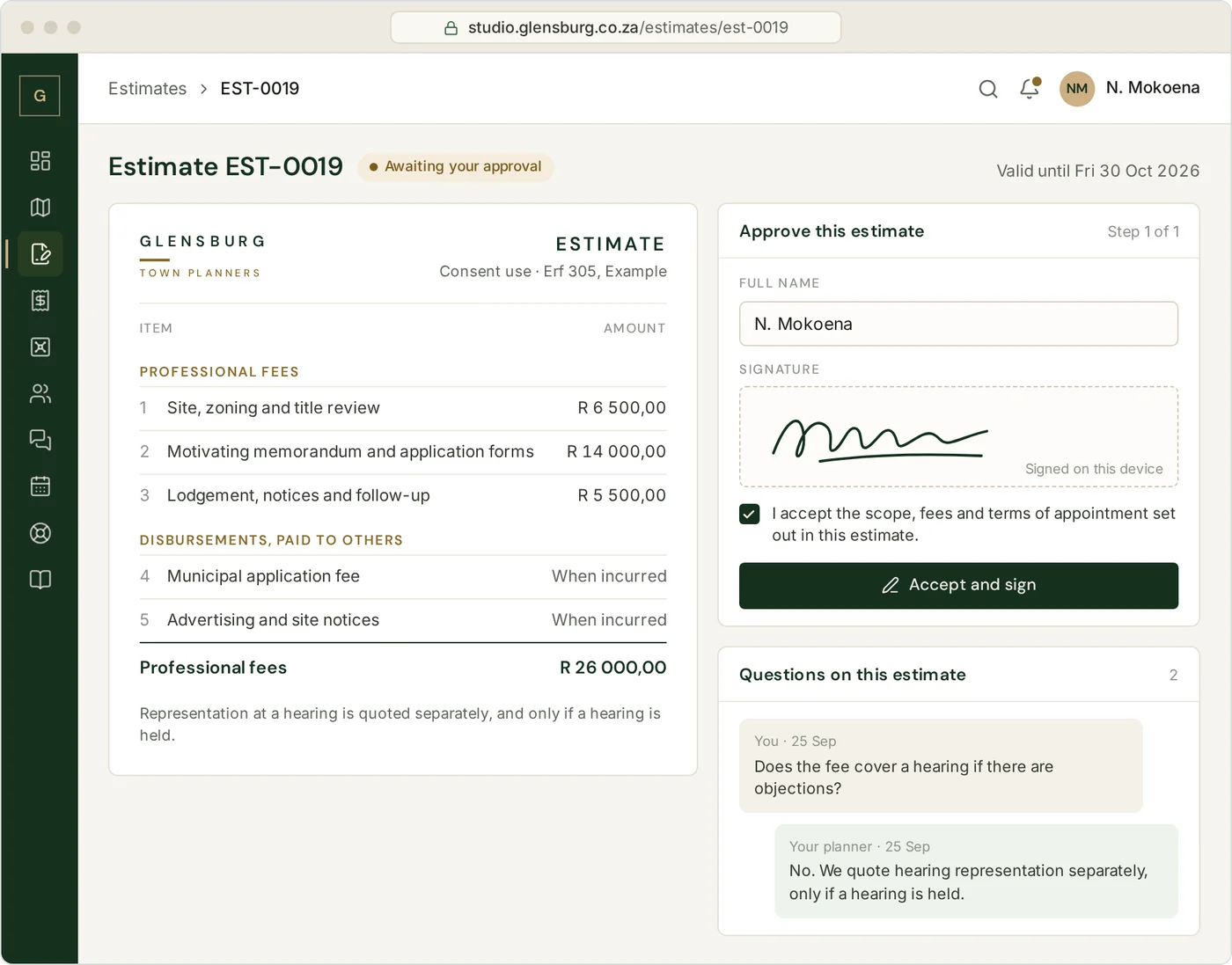 Estimate in Glensburg Studio for a consent use, listing professional fees separately from disbursements, with a panel to accept and sign online and a question from the client answered by the planner