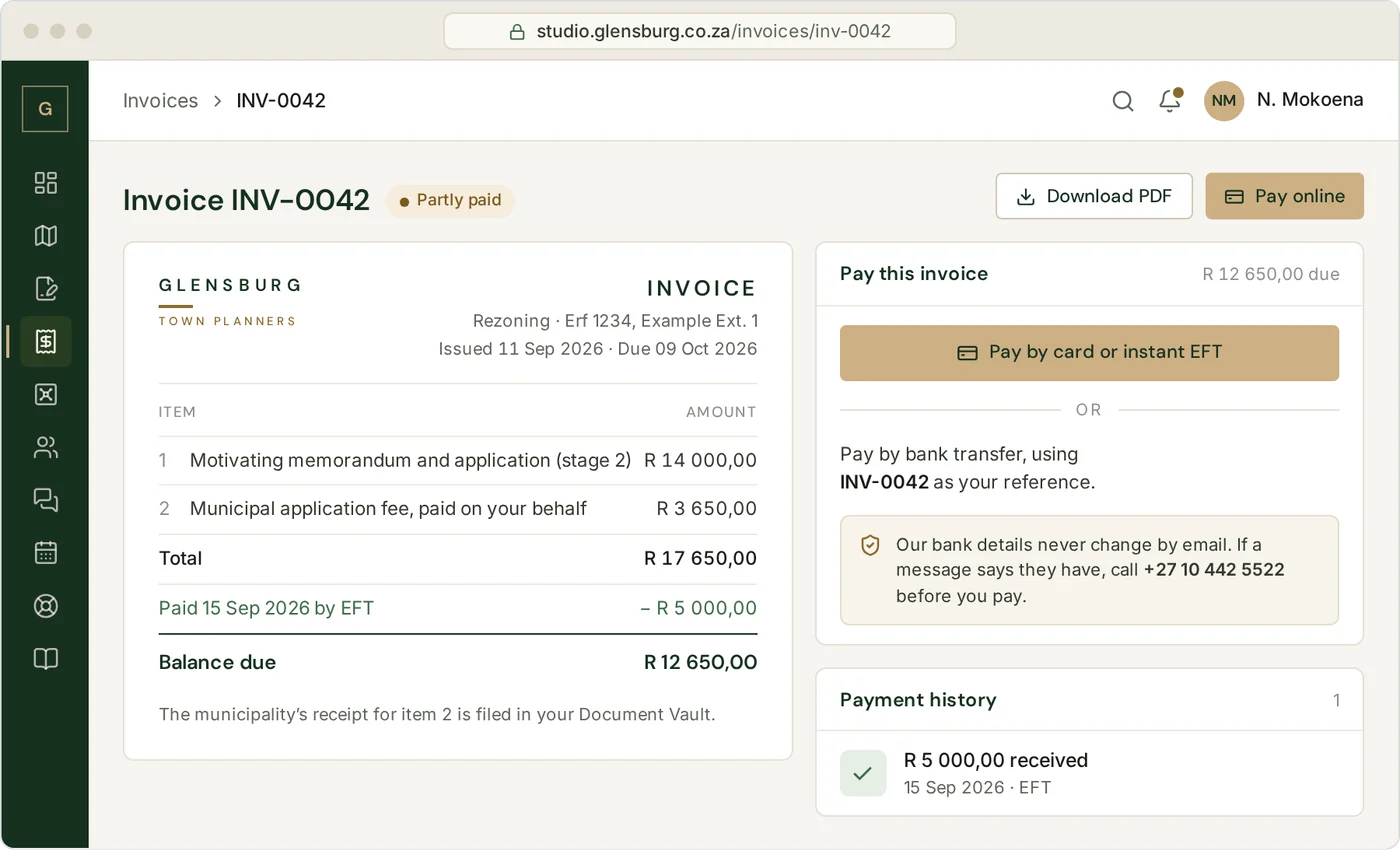Invoice in Glensburg Studio marked partly paid, showing the balance due, a button to pay by card or instant EFT, the bank transfer reference and a warning that bank details never change by email