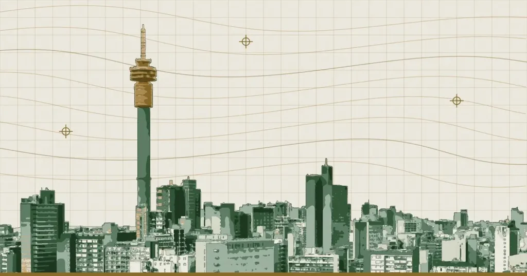 Johannesburg skyline and Hillbrow Tower on a planner's survey grid, illustrating the Johannesburg Municipal Planning By-law