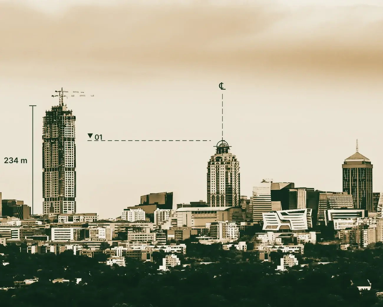 Sandton's skyline at dusk above the tree canopy of Johannesburg's northern suburbs, with the Leonardo under construction, annotated like a survey drawing