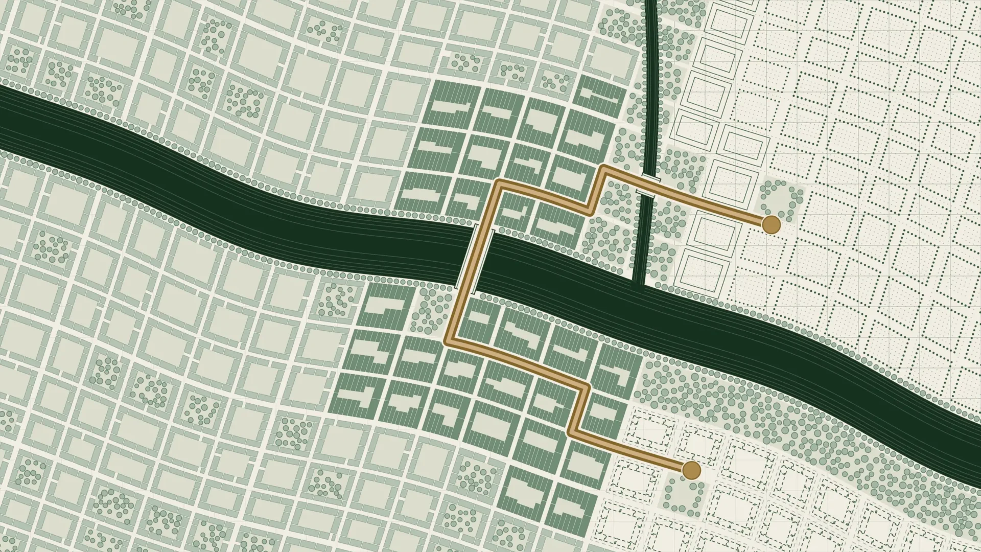 REAL CORP 2027: a city in plan on a river, one brass walking route joining planned housing to blocks measured as points