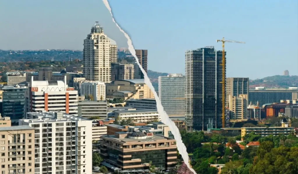 Split-screen view of South African urban skylines, representing the contrast between Johannesburg's form-based transit corridors and Tshwane's discretionary zoning paradigms.