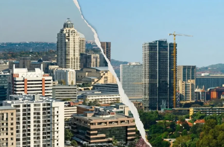 Split-screen view of South African urban skylines, representing the contrast between Johannesburg's form-based transit corridors and Tshwane's discretionary zoning paradigms.