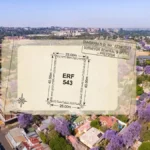 Aerial view of a Gauteng suburb overlaid with a Surveyor-General erf diagram for Erf Number 543 in Pretoria, illustrating South African cadastral boundaries and property lines.