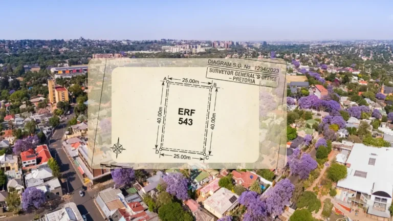 Aerial view of a Gauteng suburb overlaid with a Surveyor-General erf diagram for Erf Number 543 in Pretoria, illustrating South African cadastral boundaries and property lines.