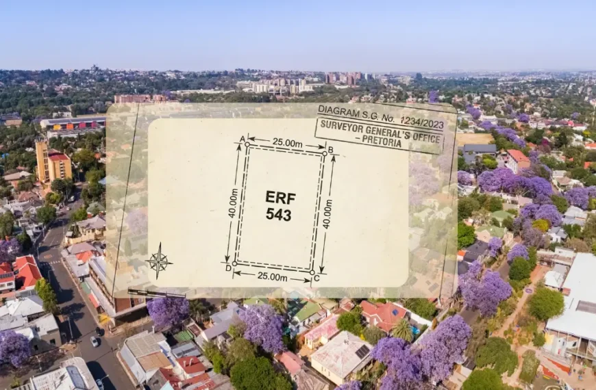 Aerial view of a Gauteng suburb overlaid with a Surveyor-General erf diagram for Erf Number 543 in Pretoria, illustrating South African cadastral boundaries and property lines.