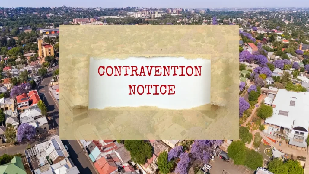 Aerial view of a leafy Johannesburg residential suburb overlaid with a municipal zoning contravention notice graphic, representing the 2026 property crackdown in South Africa.
