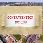 Aerial view of a leafy Johannesburg residential suburb overlaid with a municipal zoning contravention notice graphic, representing the 2026 property crackdown in South Africa.