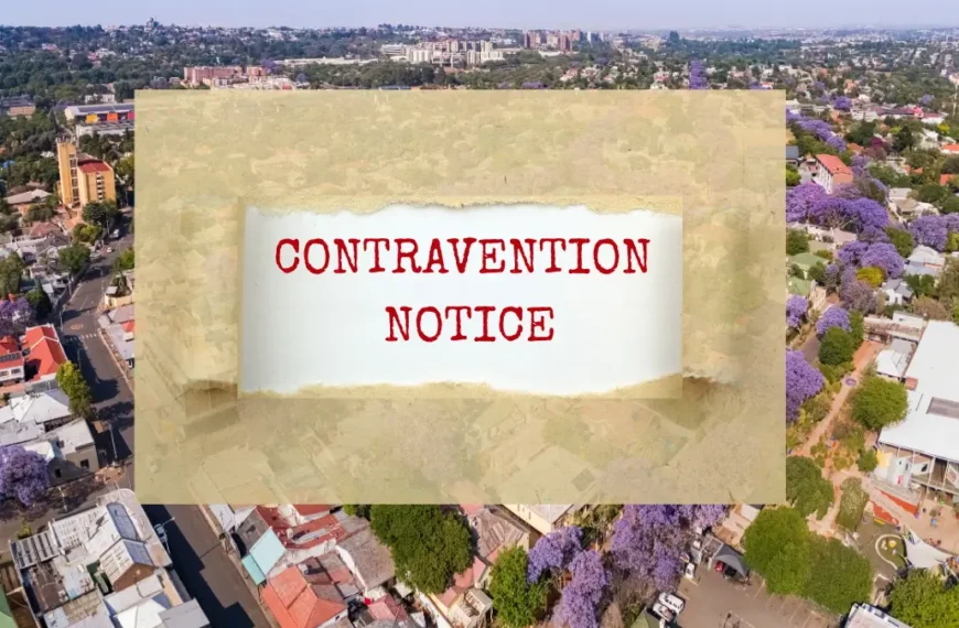 Aerial view of a leafy Johannesburg residential suburb overlaid with a municipal zoning contravention notice graphic, representing the 2026 property crackdown in South Africa.