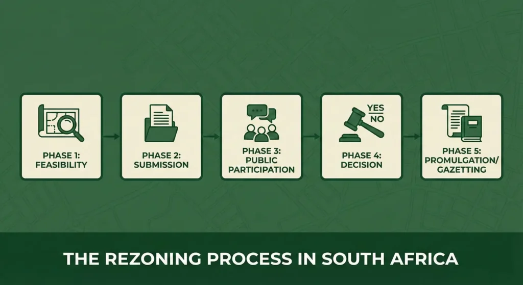 A horizontal flowchart graphic showing: Phase 1 (Feasibility) -> Phase 2 (Submission) -> Phase 3 (Public Participation) -> Phase 4 (Decision) -> Phase 5 (Promulgation/Gazetting)
